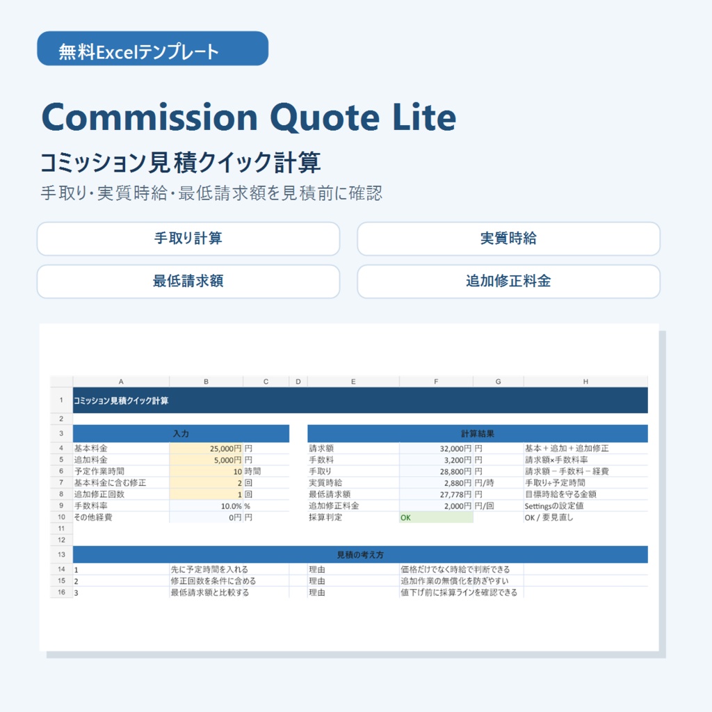 【無料】コミッション見積Excel｜手取り・実質時給・最低請求額を自動計算 Quote Lite
