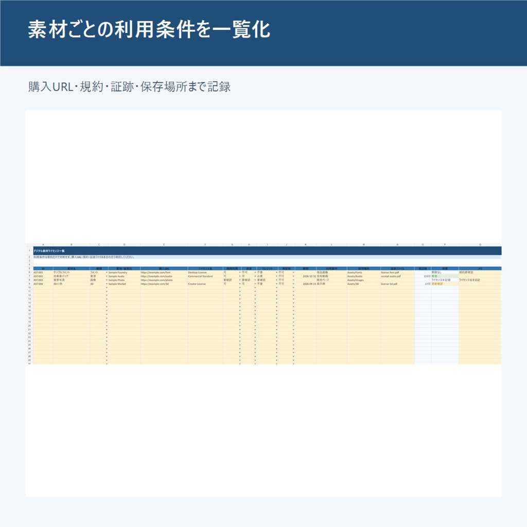 素材ライセンス管理Excel|商用利用・改変・クレジット・期限を一元管理
