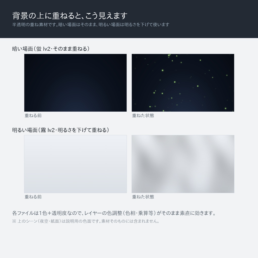 【無料版あり】演出オーバーレイ素材 24点|完全ループ透過APNG(雨・霧・雪ほか8種×濃度3段)