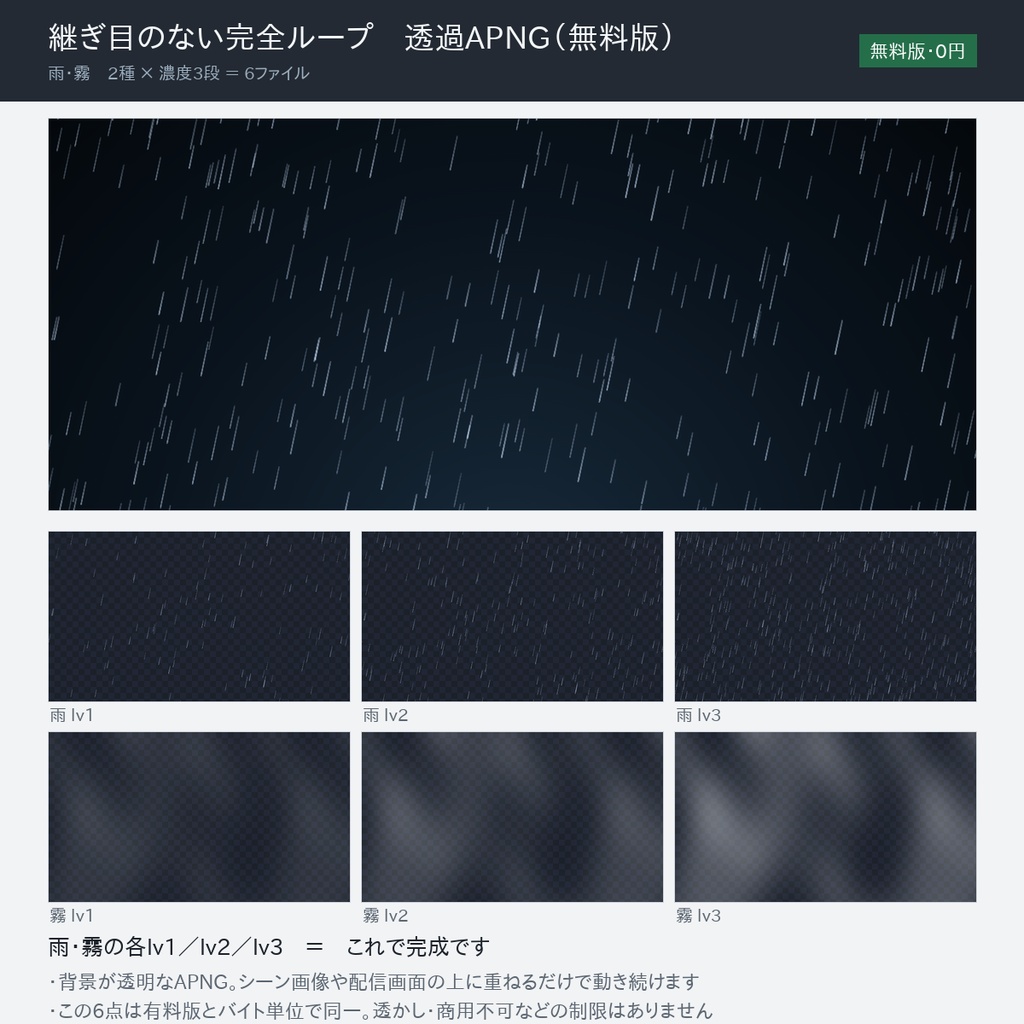 【無料版】演出オーバーレイ素材 6点｜完全ループ透過APNG（雨・霧×濃度3段）