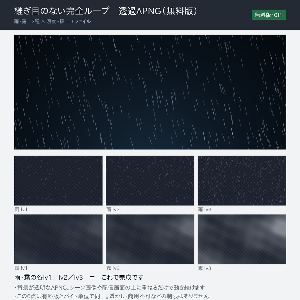 【無料版】演出オーバーレイ素材 6点|完全ループ透過APNG(雨・霧×濃度3段)