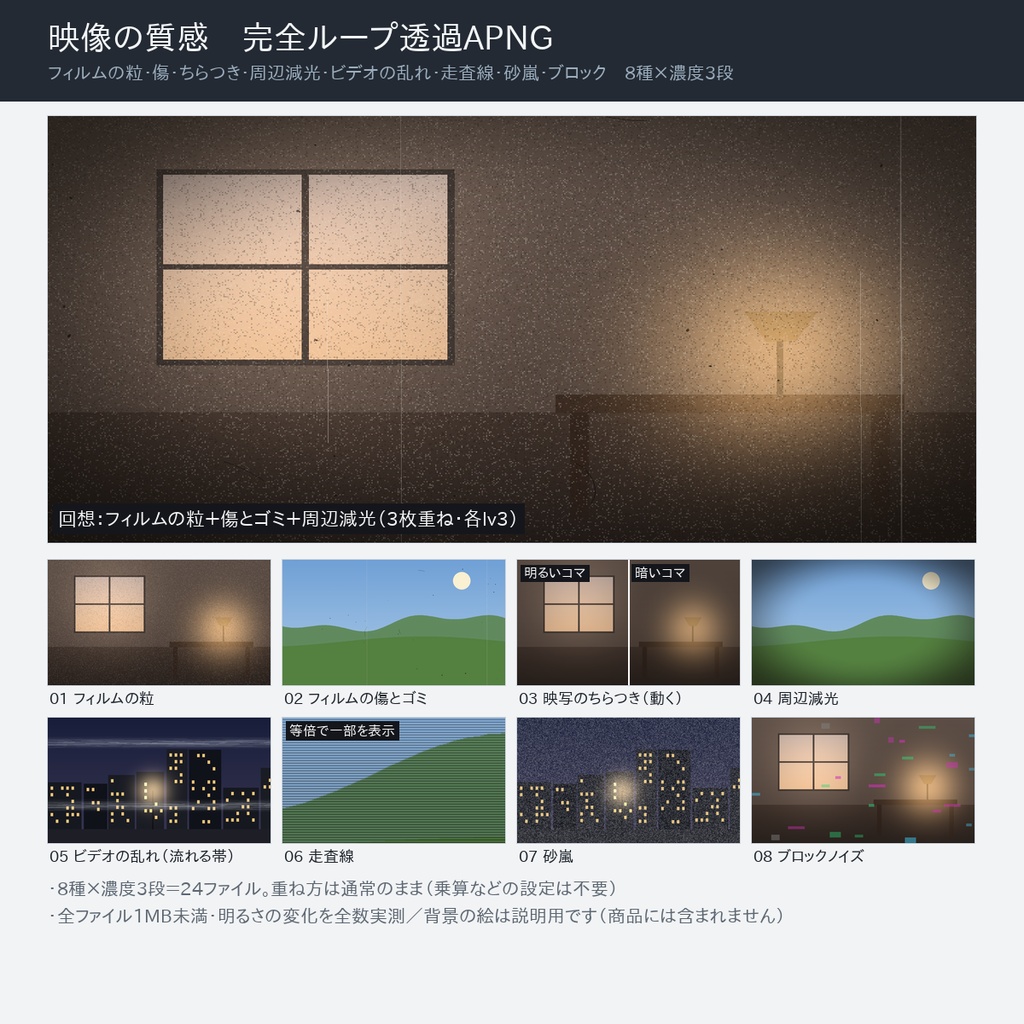 【無料版あり】映像の質感オーバーレイ 24点｜完全ループ透過APNG（フィルムの粒・傷・走査線・砂嵐ほか8種×濃度3段）