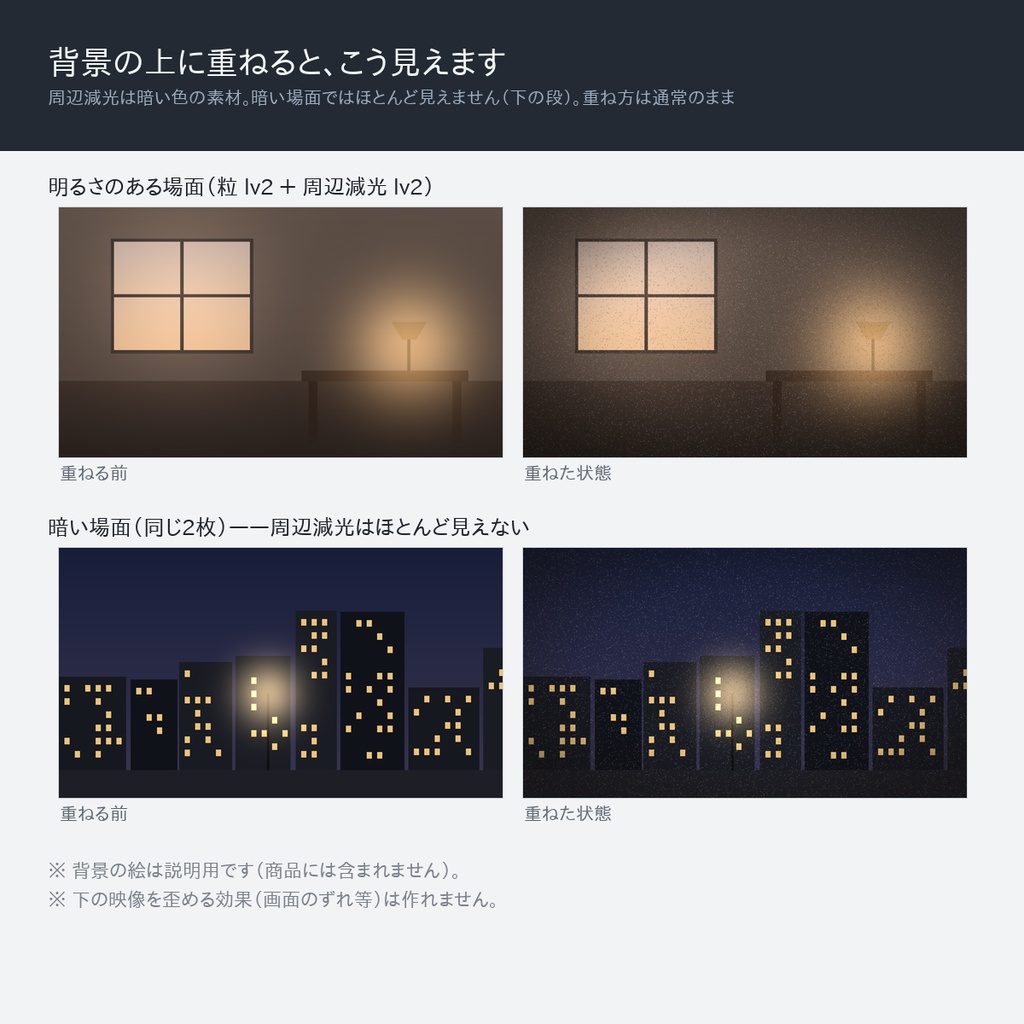 【無料版】映像の質感オーバーレイ 6点|完全ループ透過APNG(フィルムの粒・周辺減光×濃度3段)