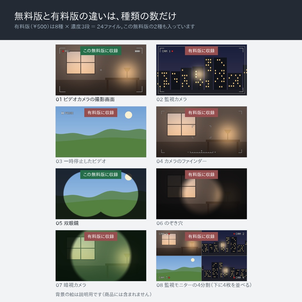 【無料版】撮影画面の枠オーバーレイ 6点|前景用 完全ループ透過APNG(ビデオカメラ・双眼鏡×濃度3段)