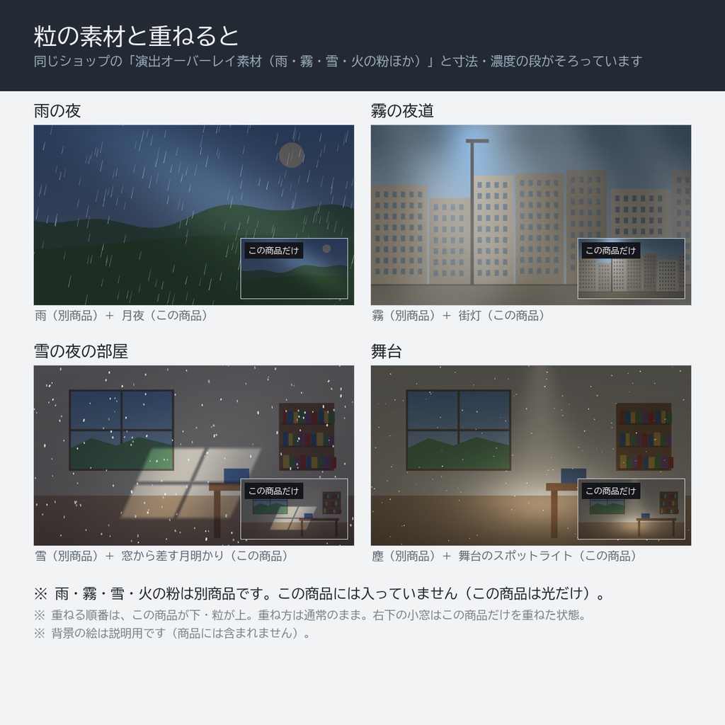 【無料版あり】夜と灯り 動く透過フィルター 24点|前景用 完全ループ透過APNG(月夜・窓の月明かり・ろうそく・街灯・ブラインド越しの光ほか8種×濃度3段)