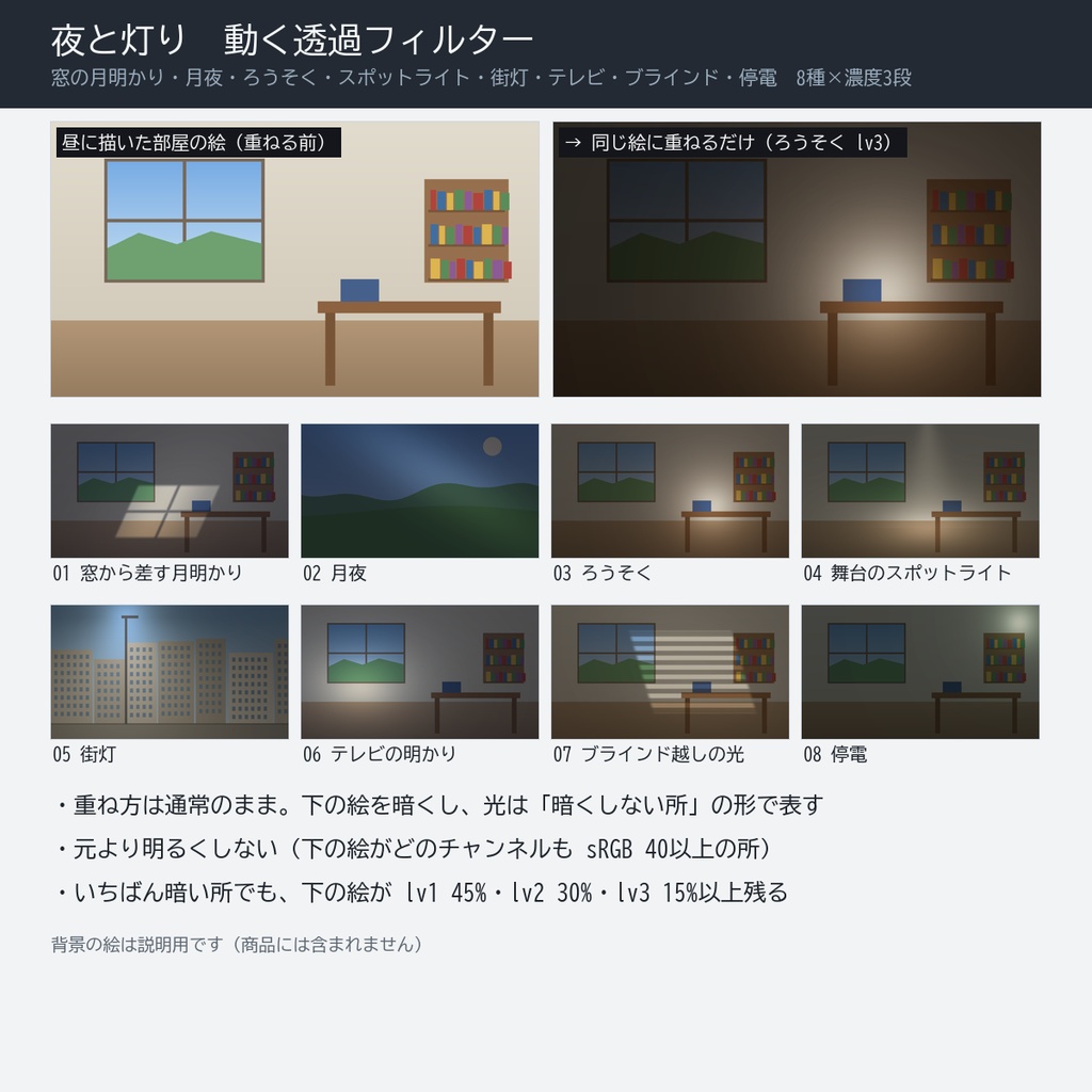 【無料版あり】夜と灯り　動く透過フィルター 24点｜前景用 完全ループ透過APNG（月夜・窓の月明かり・ろうそく・街灯・ブラインド越しの光ほか8種×濃度3段）