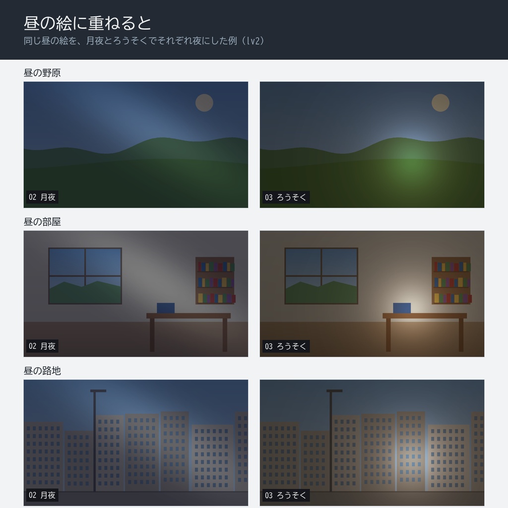 【無料版】夜と灯り 動く透過フィルター 6点|前景用 完全ループ透過APNG(月夜・ろうそく×濃度3段)