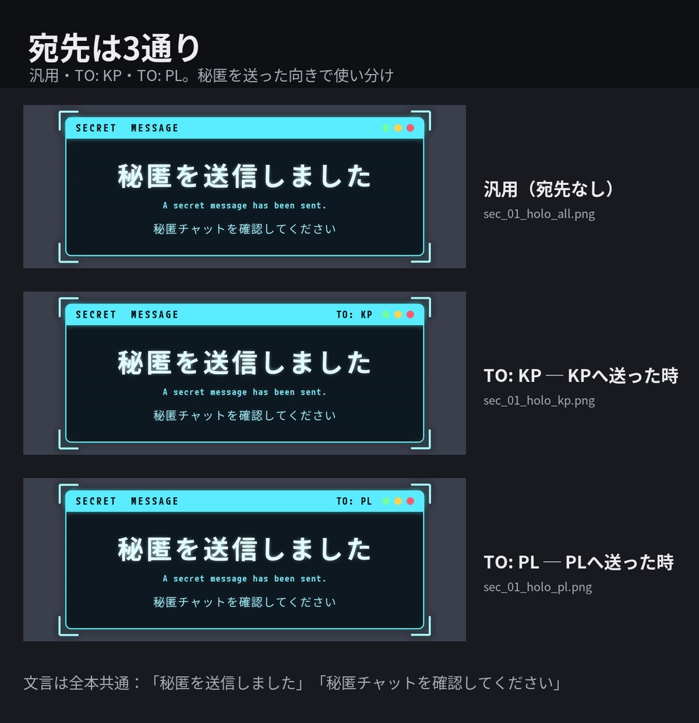 【無料版あり】秘匿通知カットイン 24点|動く透過APNG・音つきで自動で閉じる(ホログラム・スマホ通知・封筒・和紙・端末・無線・機密ファイル・警告ダイアログ × 汎用/TO: KP/TO: PL)