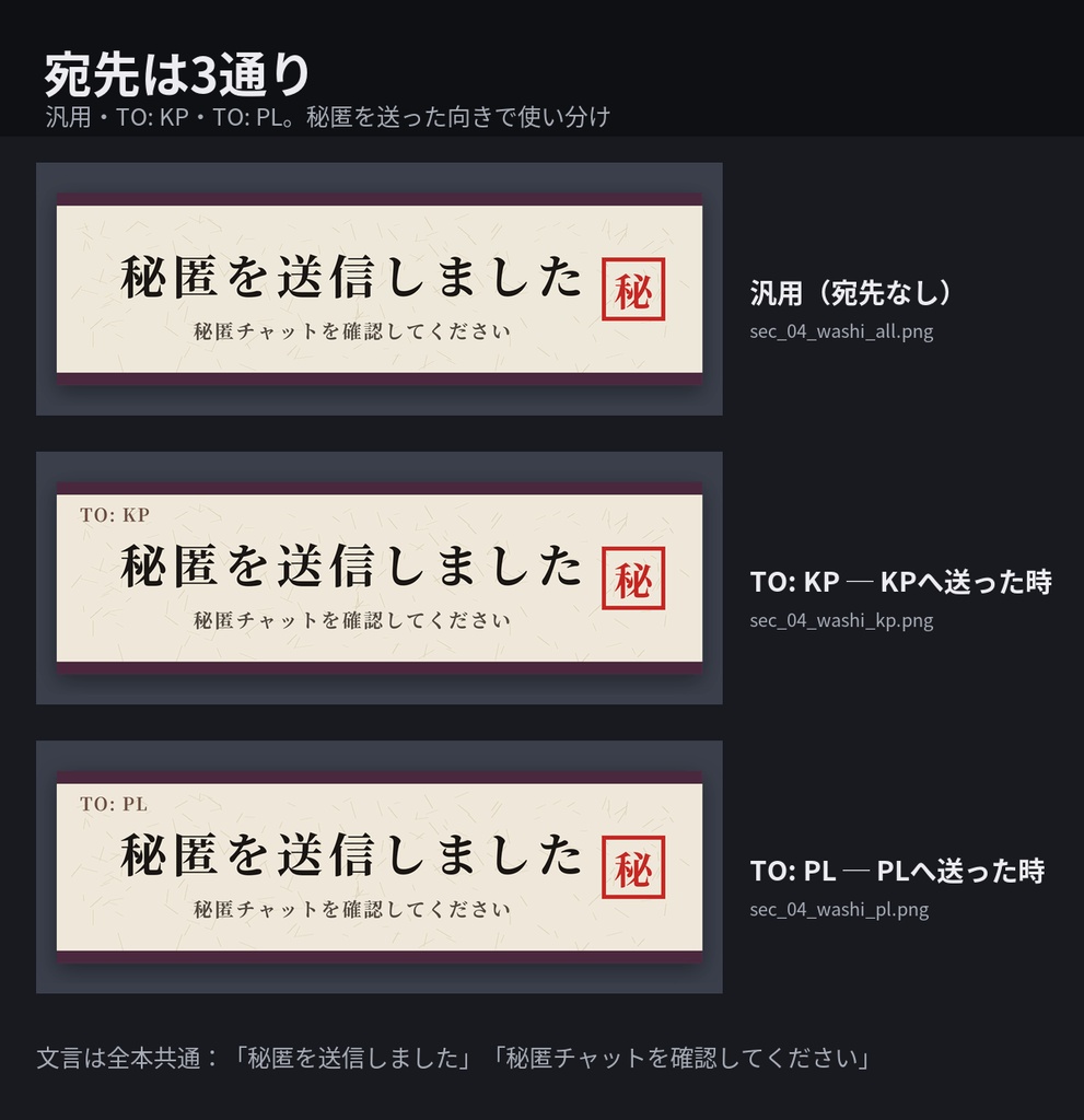 【無料版】秘匿通知カットイン 6点｜動く透過APNG・音つき（スマホの通知・和紙の文 × 汎用／TO: KP／TO: PL）