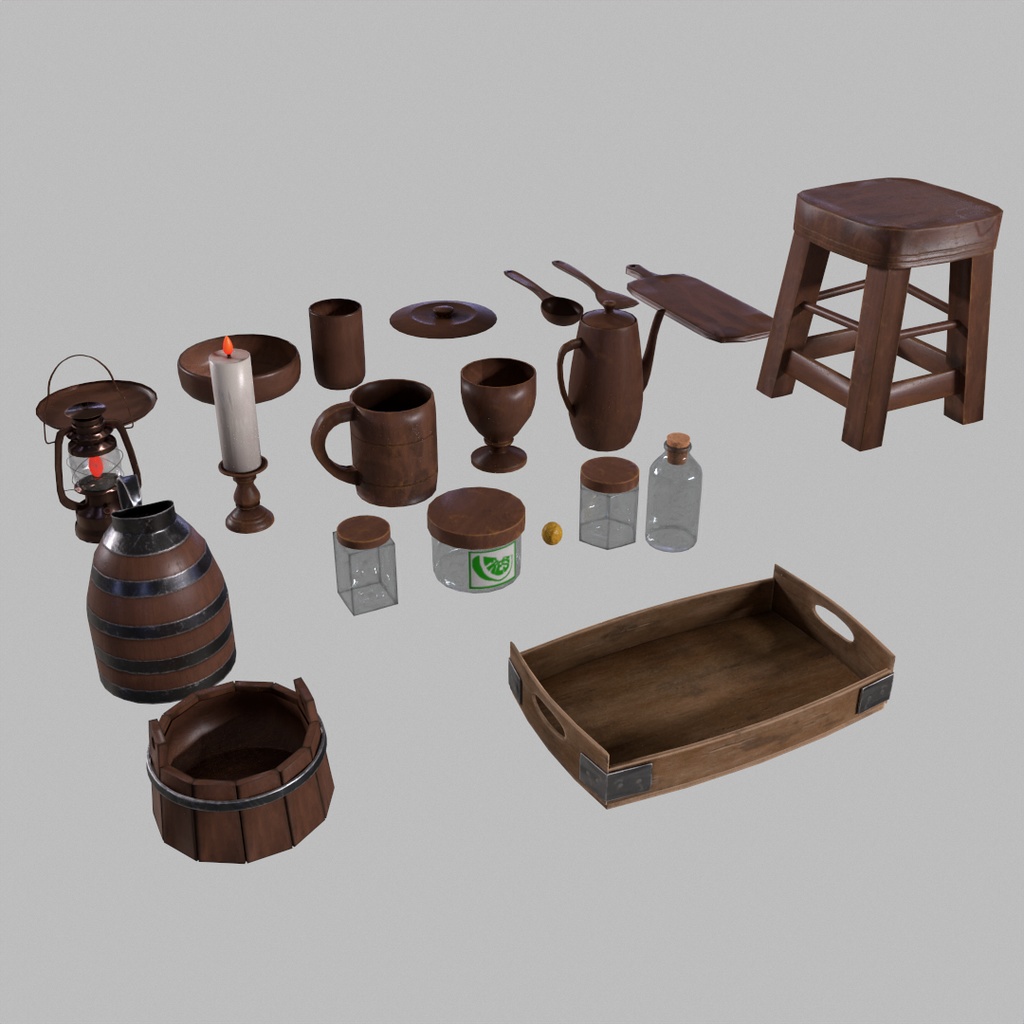 中世の台所道具、椅子、ランタン medieval kitchen utensils, chairs, lanterns