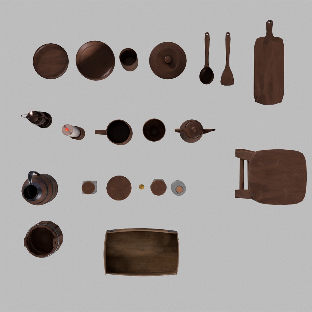 中世の台所道具、椅子、ランタン medieval kitchen utensils, chairs, lanterns