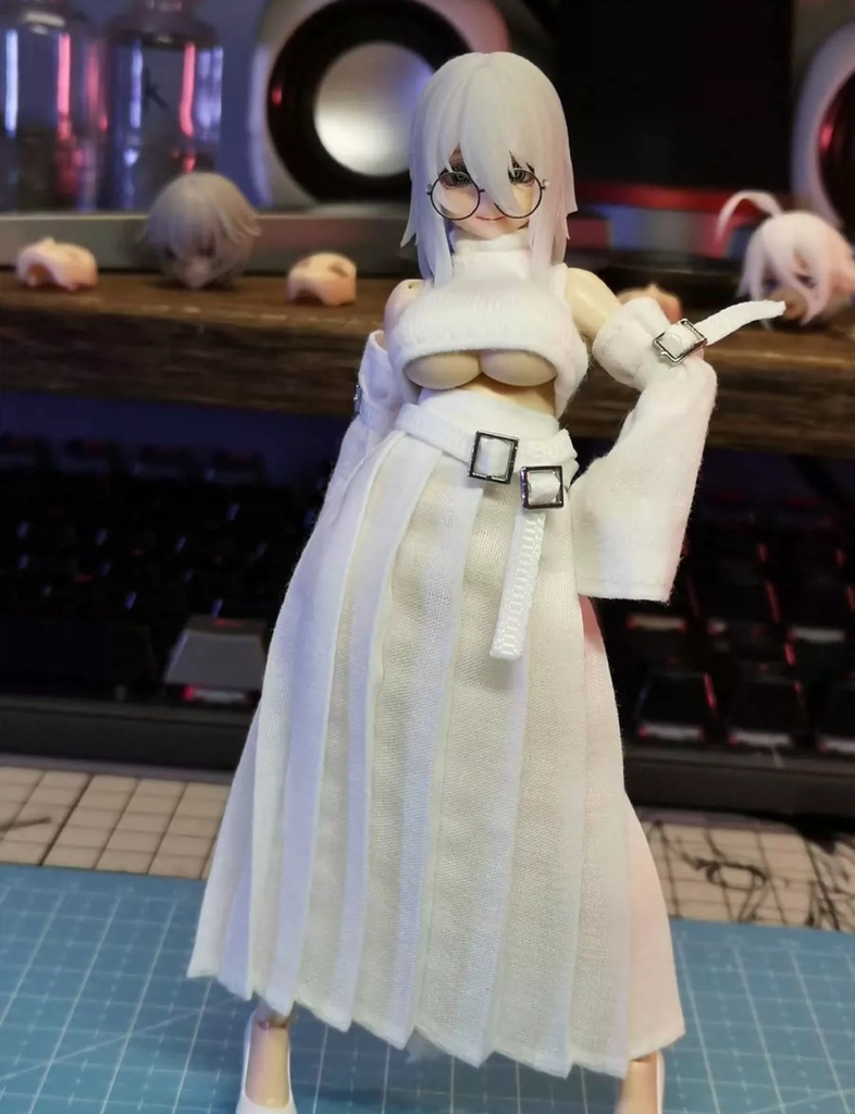 (W6)「1/12・ドール服」タートルネックベスト + 袖 + ロングスカート セット・メガミデバイス