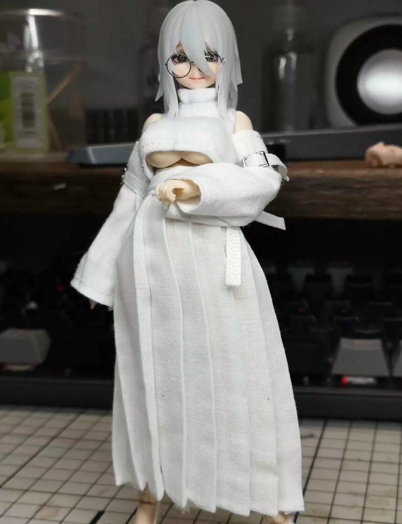 (W6)「1/12・ドール服」タートルネックベスト + 袖 + ロングスカート セット・メガミデバイス