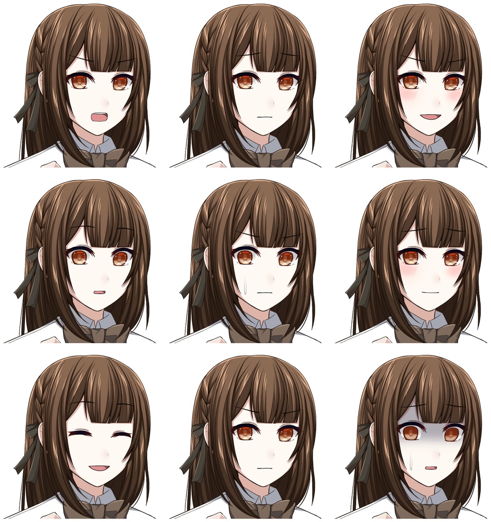 編み込みヘアの女の子【表情差分10種+シルエット2種】