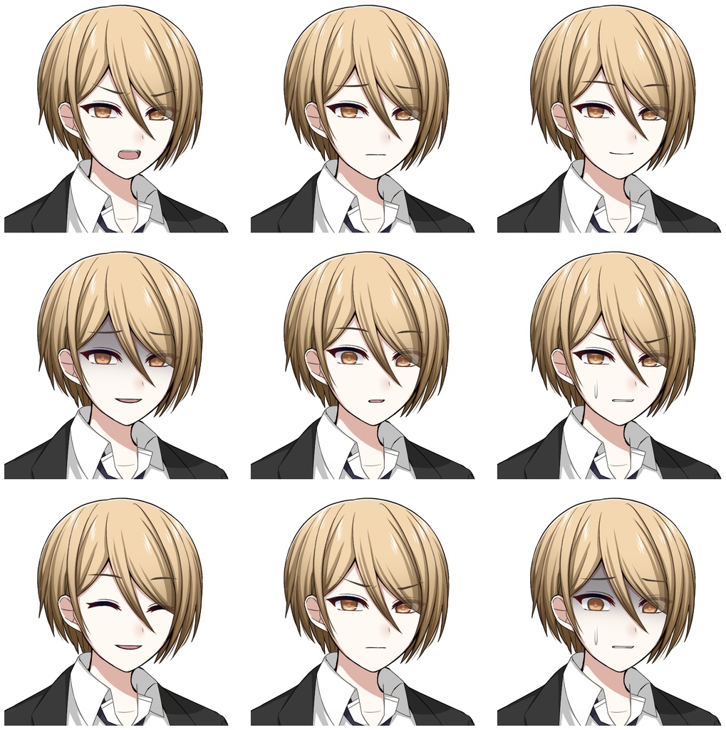 【色差分あり】黒いスーツを着た男性【表情差分10種+シルエット2種】