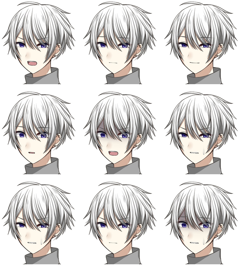 白髪青目の青年【表情差分10種+シルエット2種】