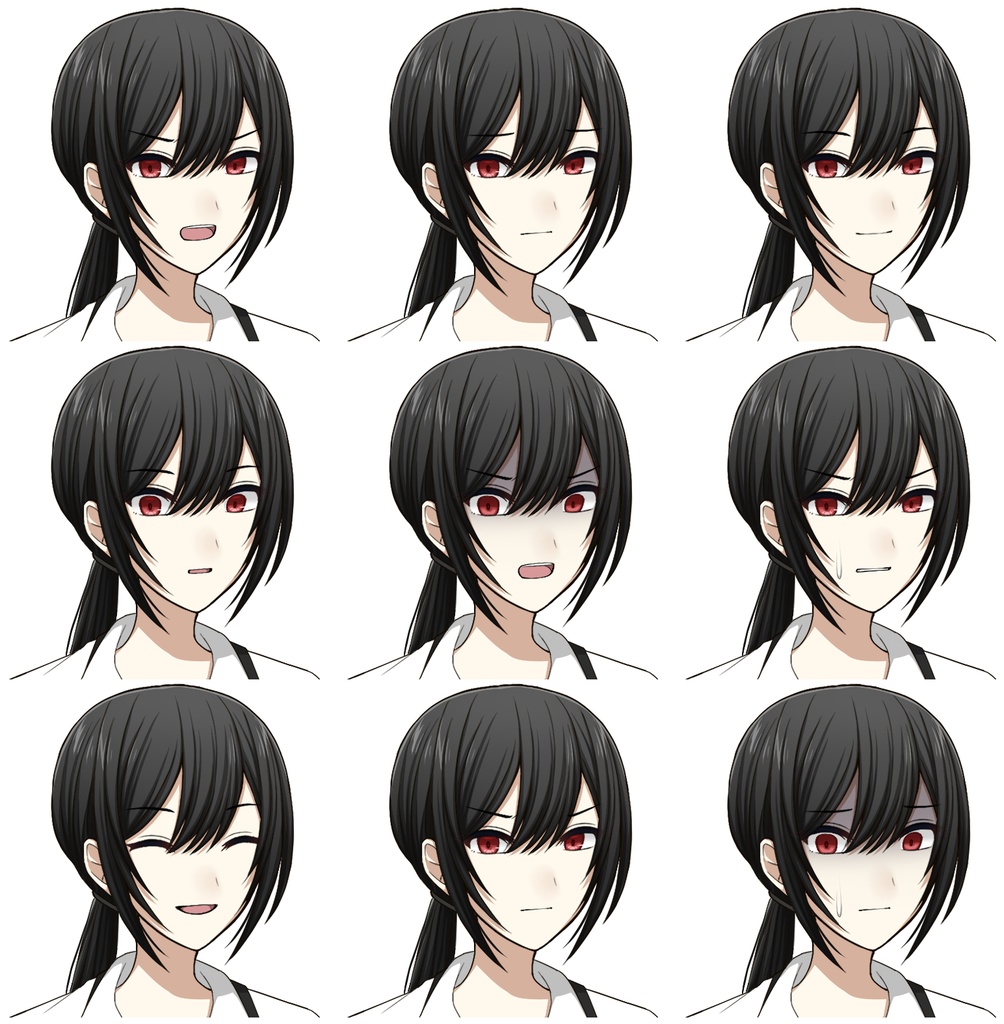 黒髪赤目の女性【表情差分10種+シルエット2種】