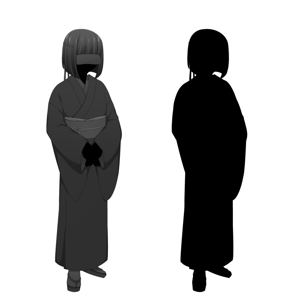 顔布をつけた黒い和服の女性【表情差分10種+シルエット2種】