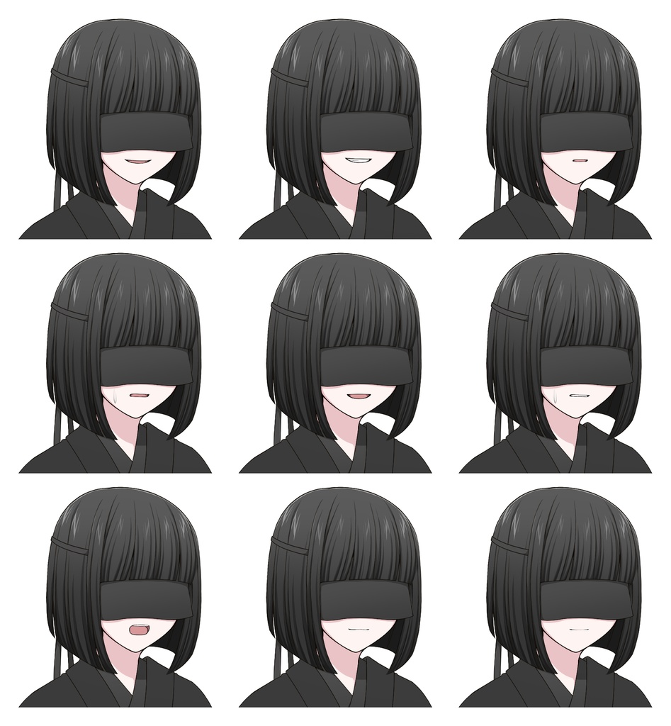 顔布をつけた黒い和服の女性【表情差分10種+シルエット2種】