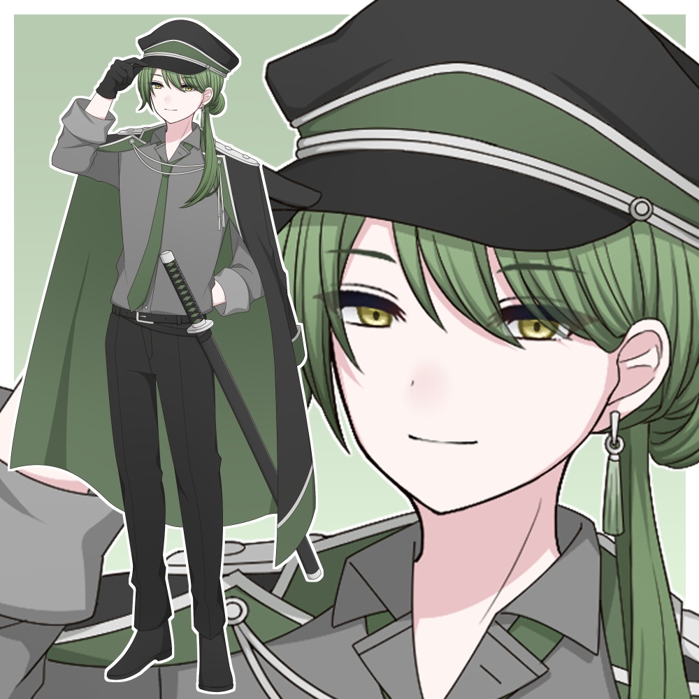 軍服を着た緑髪の男性【表情差分10種＋シルエット差分2種】