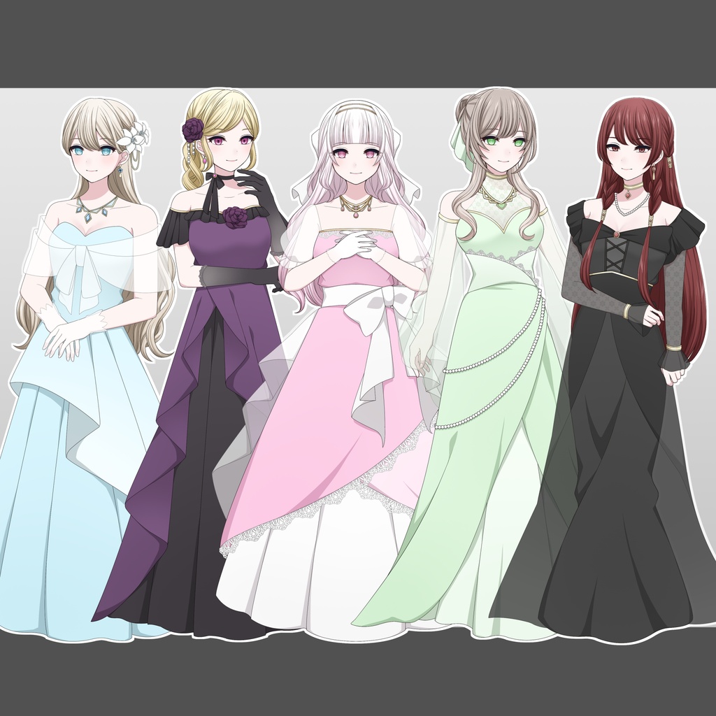 【単体購入可】ドレスを着た女性５人セット【それぞれ表情差分10種＋シルエット2種】