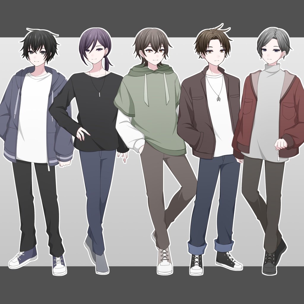 【単体購入可】私服男子５人セット【それぞれ表情差分10種＋シルエット2種】
