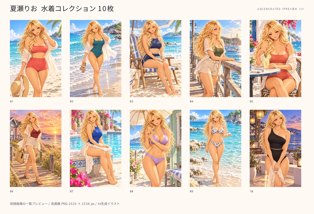 【AIイラスト】夏瀬りお 水着コレクション｜10枚セット