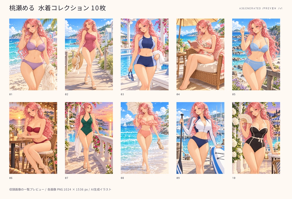 【AIイラスト】桃瀬める 水着コレクション｜10枚セット