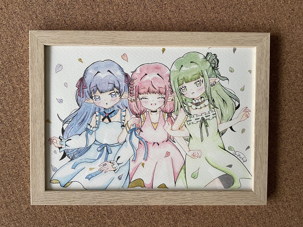 A5サイズ原画　［仲良しエルフ三姉妹］