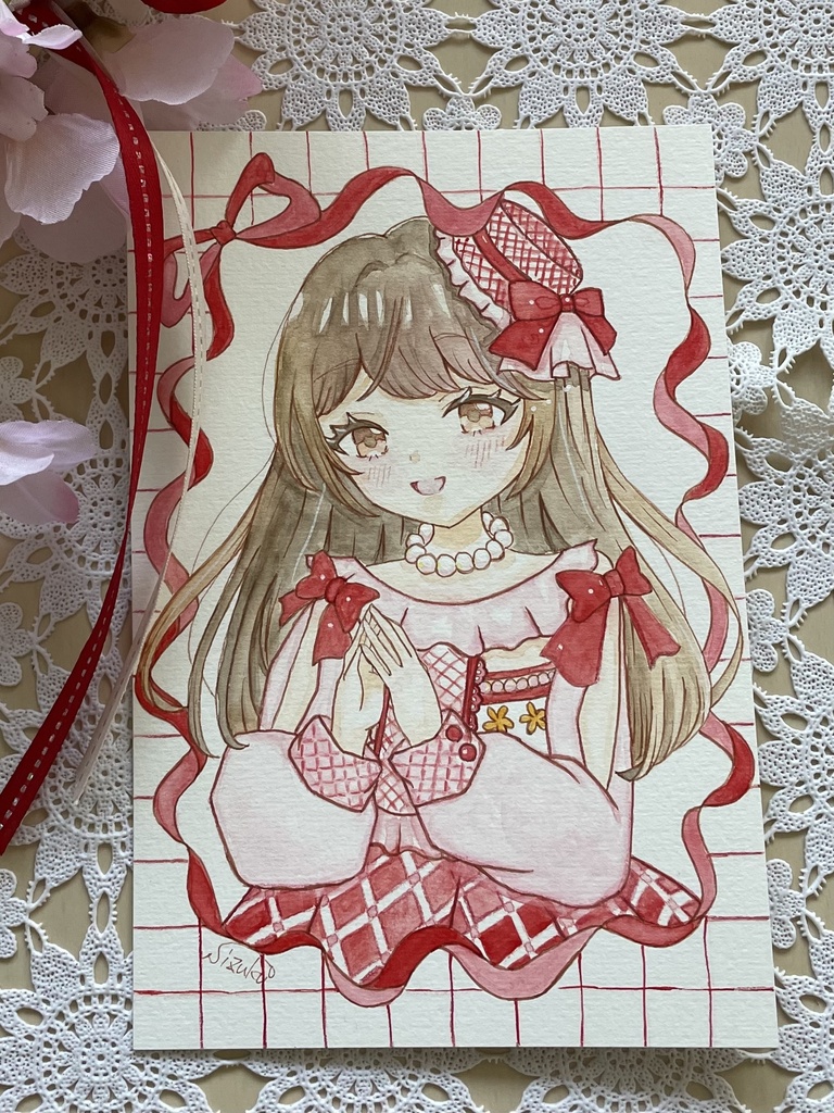 ハガキサイズ原画　［トーク帽でお出かけ］