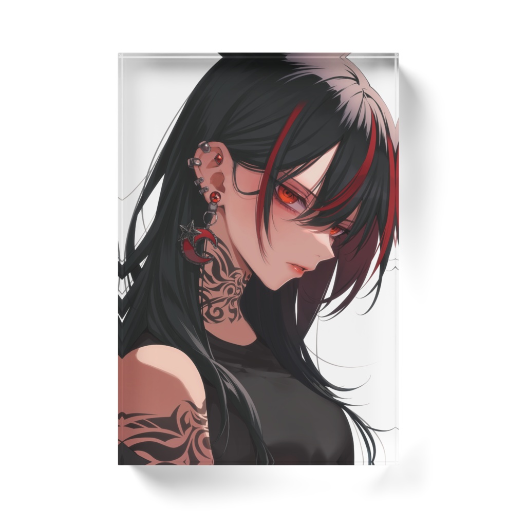 でかピアス黒タトゥー黒髪赤メッシュお姉さん アクリルブロック