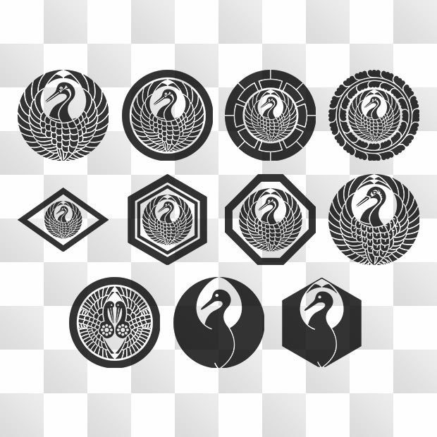 鶴紋 (つる) 日本の実用家紋 ZIP (AI, PNG, PSD)