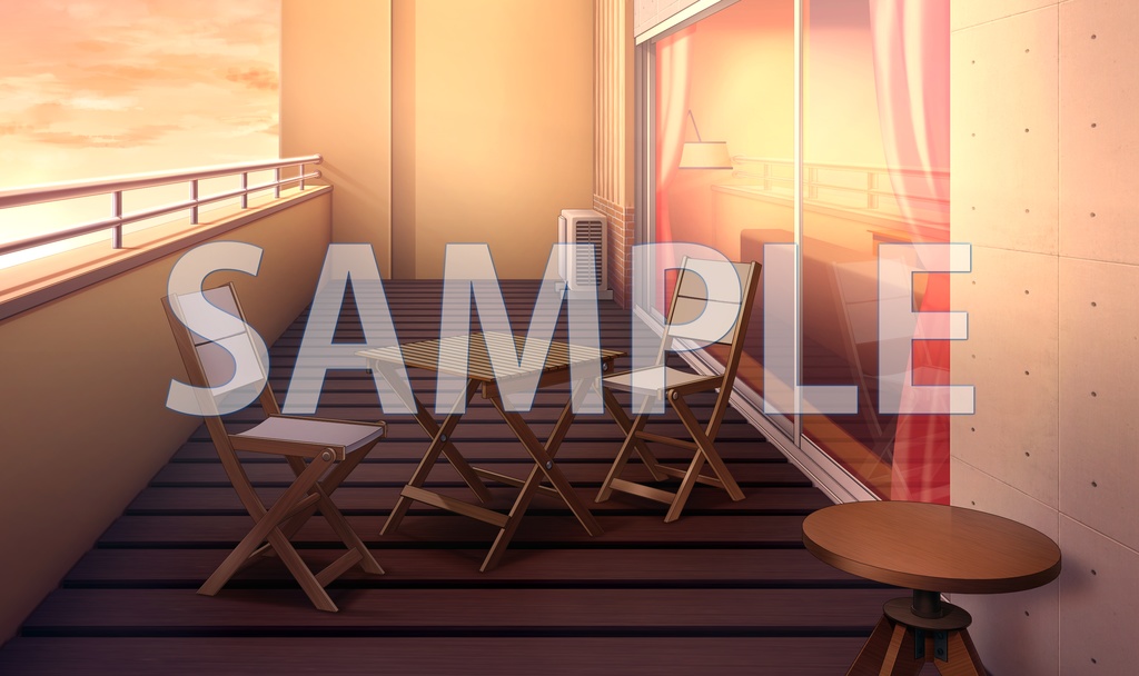 【背景素材】マンション ベランダ テーブル&チェアあり(6229_bg05b)【時間差分あり】