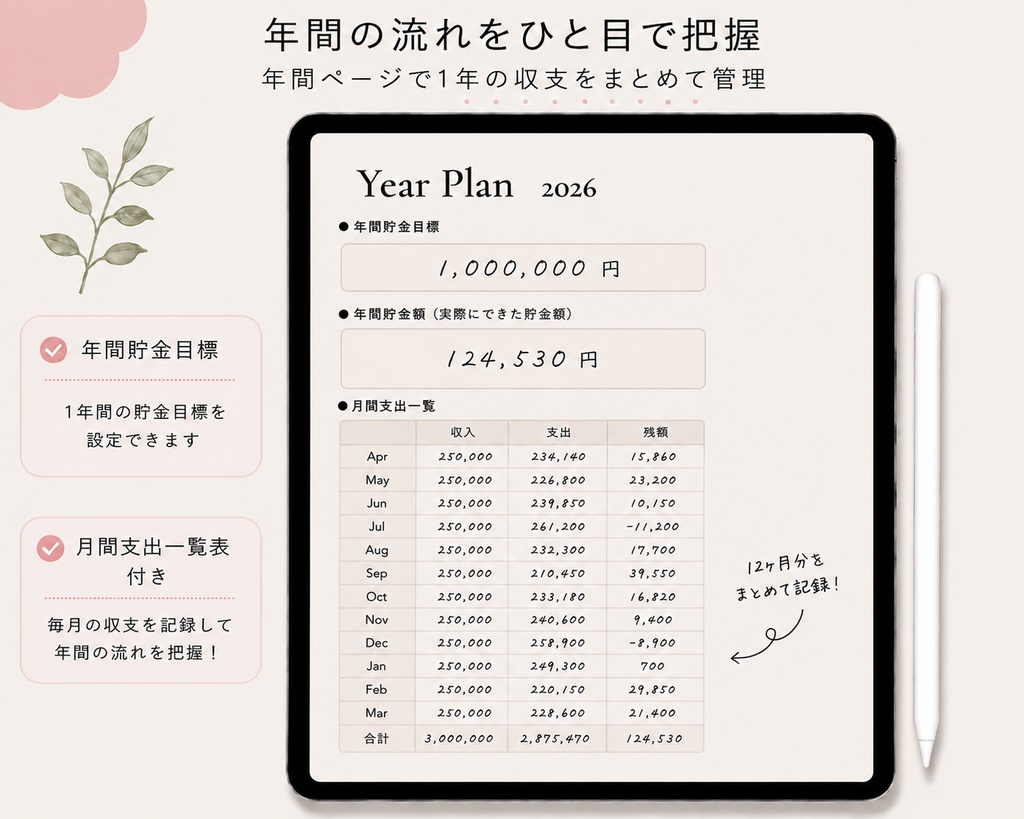 シンプルで使いやすい デジタル家計簿セージグリーン|GoodNotes対応|iPad推奨|2026年4月〜2027年3月 Digital Budget Planner | GoodNotes Budget Planner | Household Budget Planner | Undated Budget PDF | iPad Planner | Digital Planner