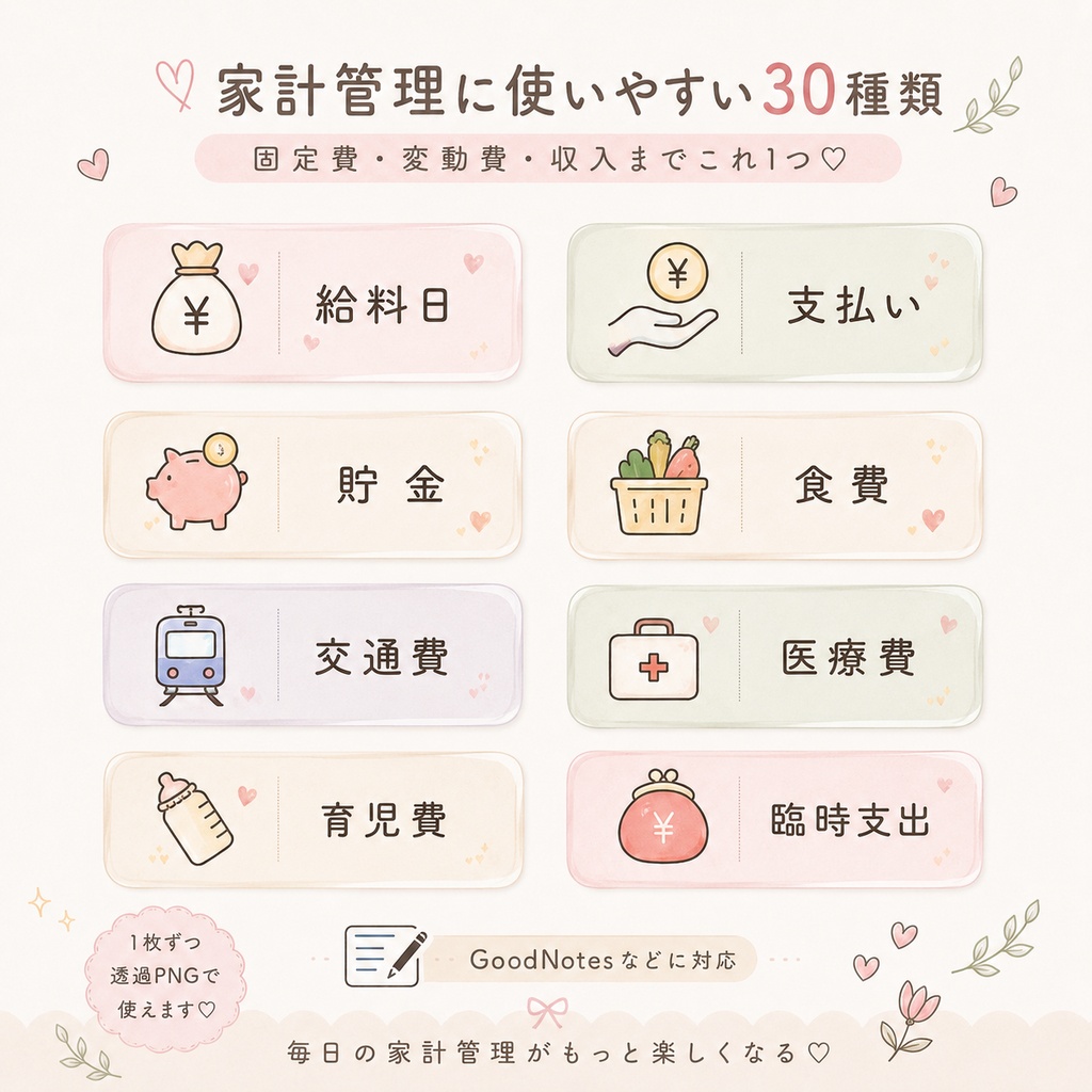 家計簿用ステッカー30枚セット|お金管理・支出管理|GoodNotes対応|透過PNG