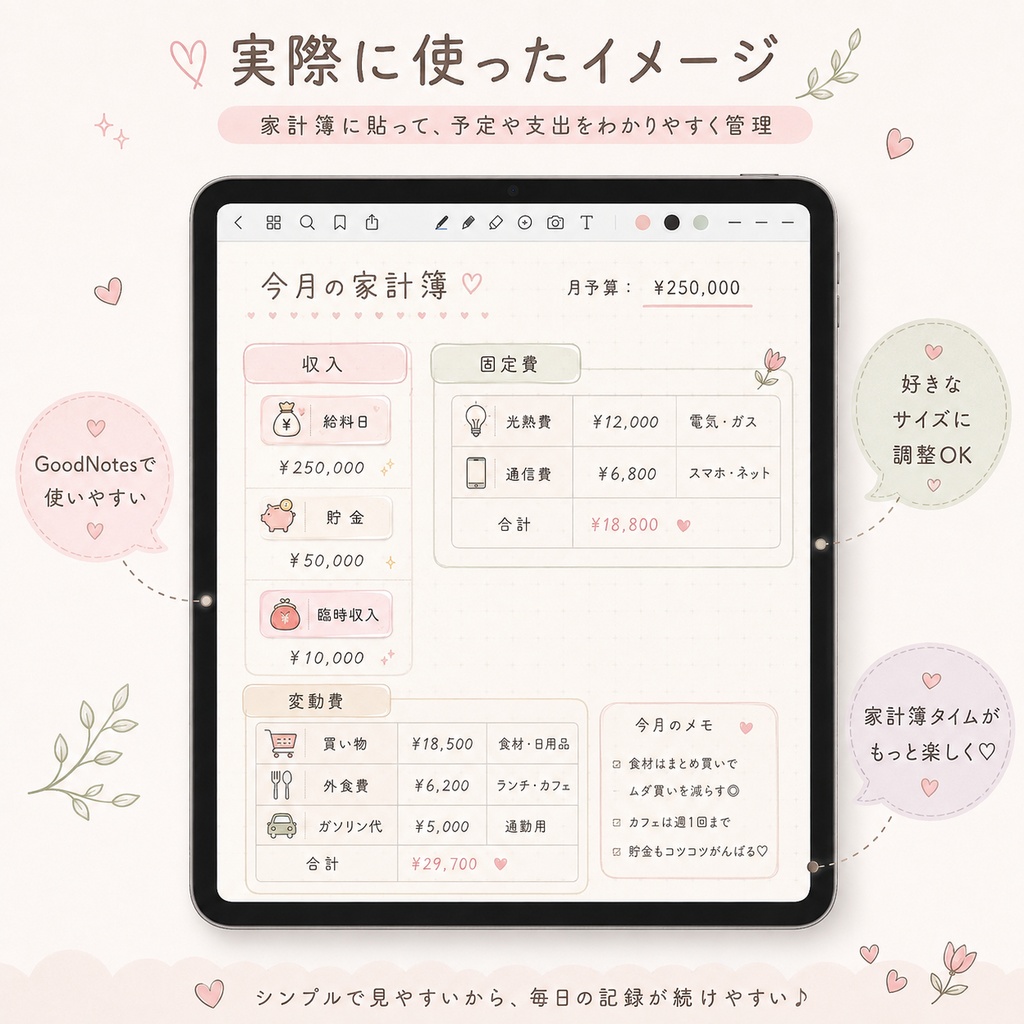 家計簿用ステッカー30枚セット|お金管理・支出管理|GoodNotes対応|透過PNG