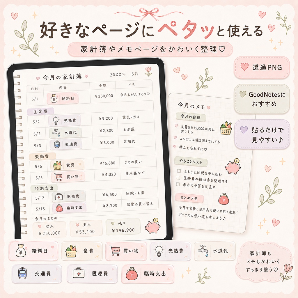 GoodNotesで使える♡ 家計簿用デジタルステッカー30種類セット