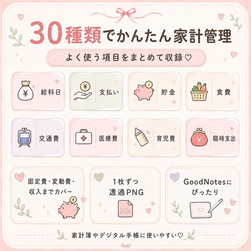GoodNotesで使える♡ 家計簿用デジタルステッカー30種類セット