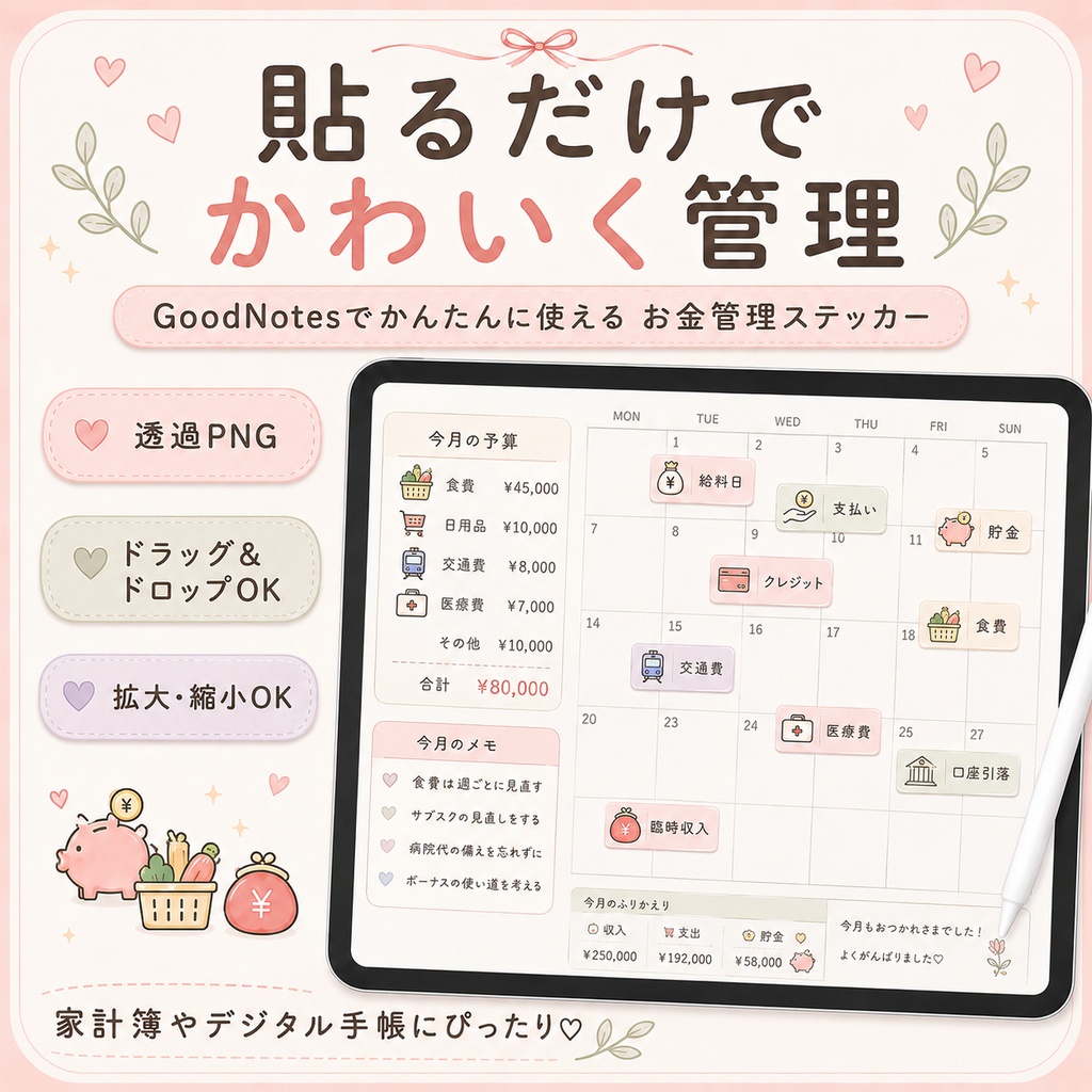 GoodNotesで使える♡ 家計簿用デジタルステッカー30種類セット