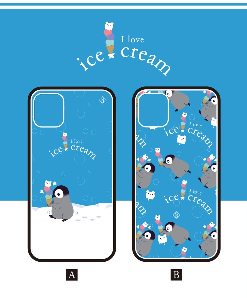 〈スマホケース・強化ガラス製〉I love ice cream★ペンギン