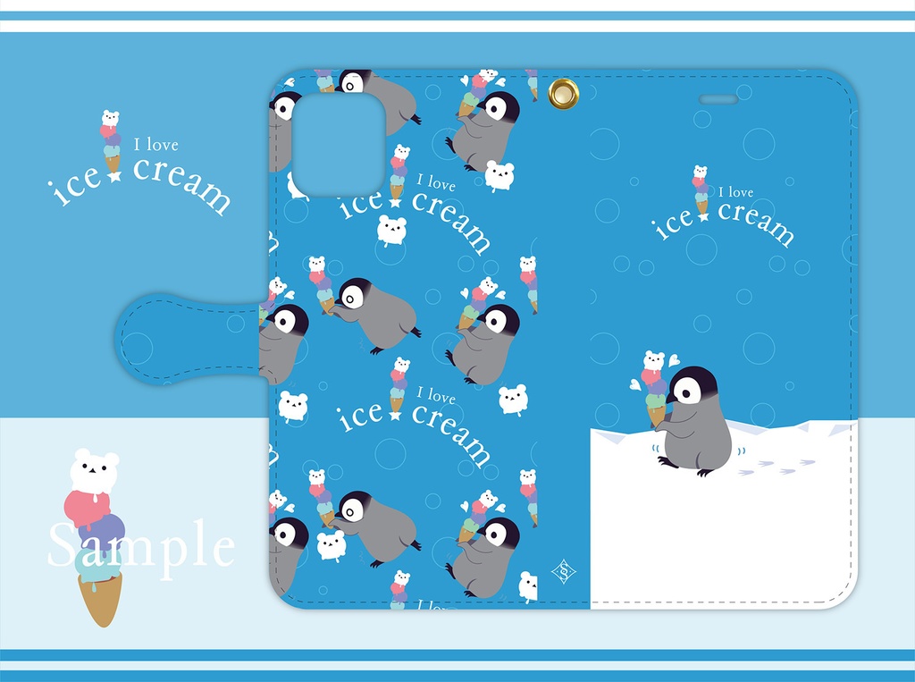 〈手帳型ケース〉I love ice cream★ペンギン