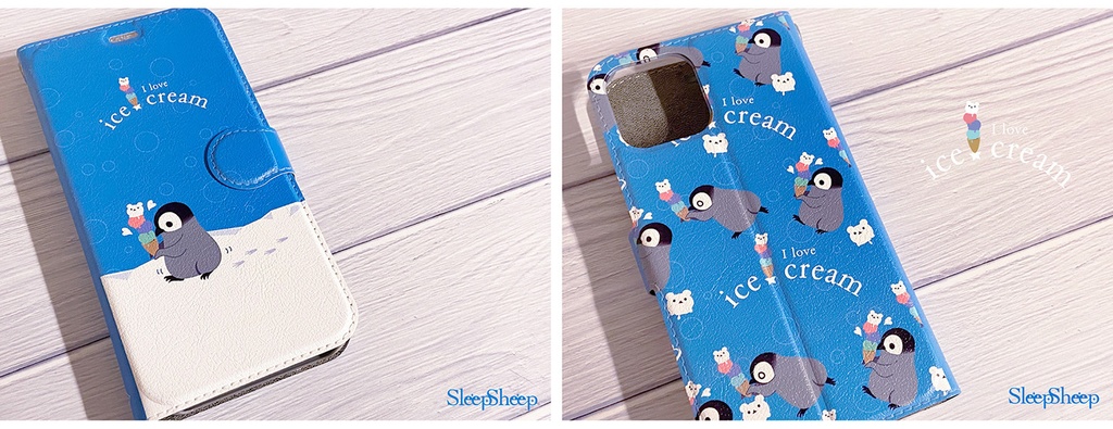 〈手帳型ケース〉I love ice cream★ペンギン