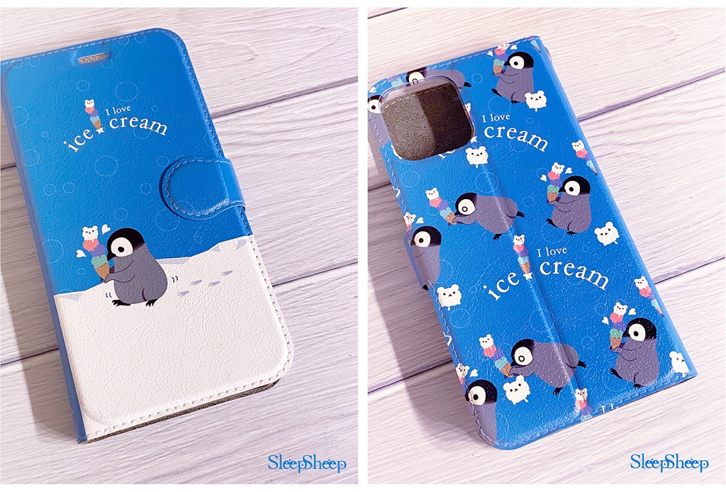 〈手帳型ケース〉I love ice cream★ペンギン