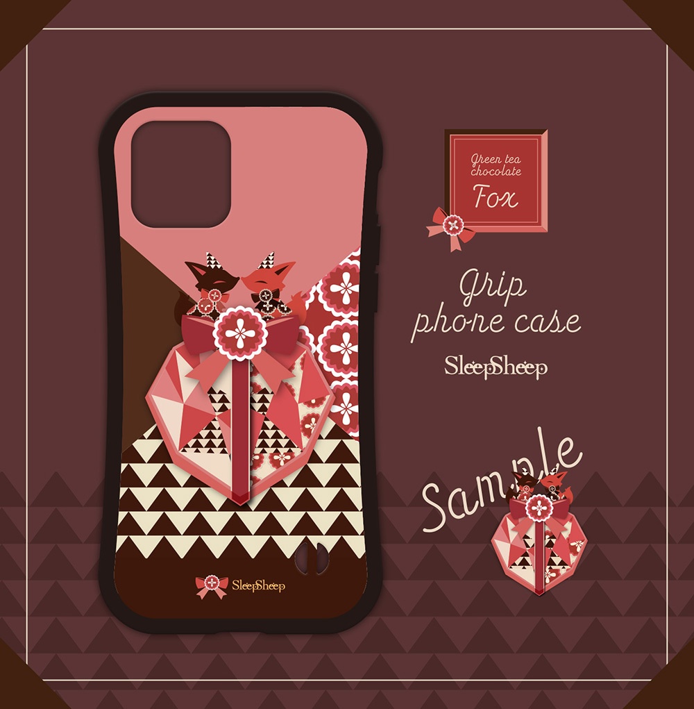 〈スマホケース・グリップ型〉モダン風・キツネ柄 Twin(Red Version)