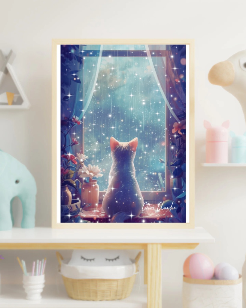 【Cotton Cloudie】星降る夜の窓辺|幻想的・猫・かわいい|スマホ壁紙|待ち受け 他