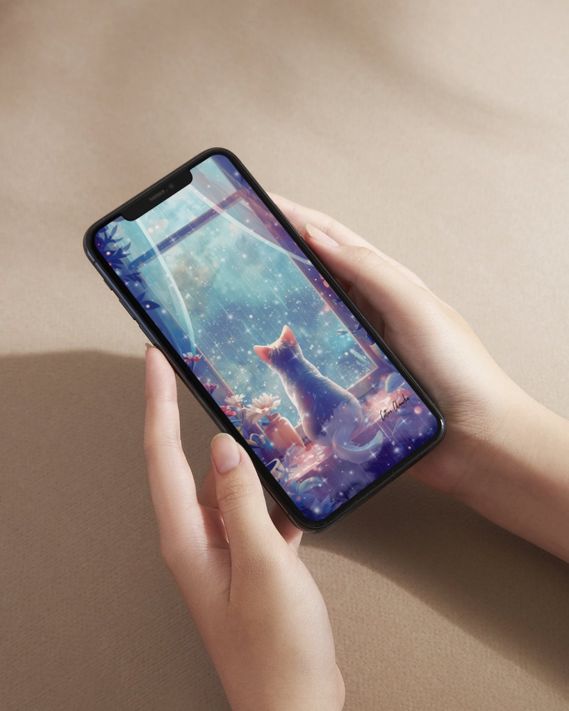 【Cotton Cloudie】星降る夜の窓辺|幻想的・猫・かわいい|スマホ壁紙|待ち受け 他