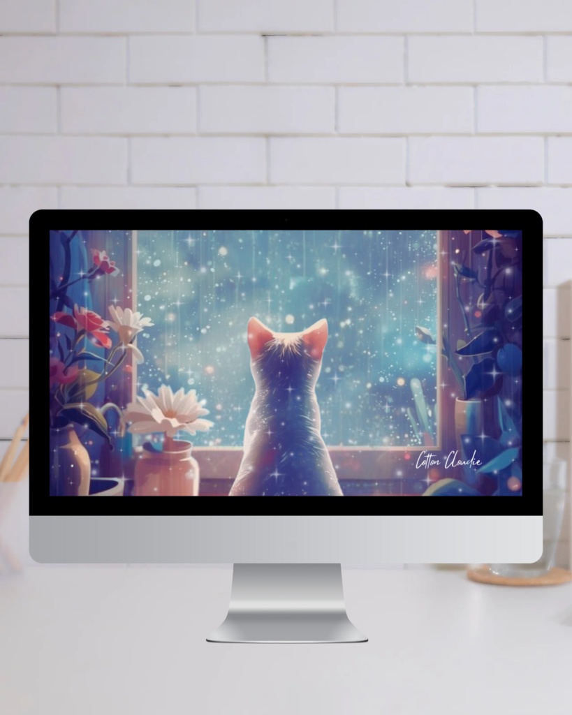 【Cotton Cloudie】星降る夜の窓辺|幻想的・猫・かわいい|スマホ壁紙|待ち受け 他