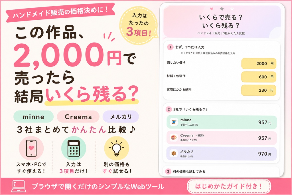 いくらで売る？いくら残る？｜ハンドメイド販売 3社かんたん比較Webツール