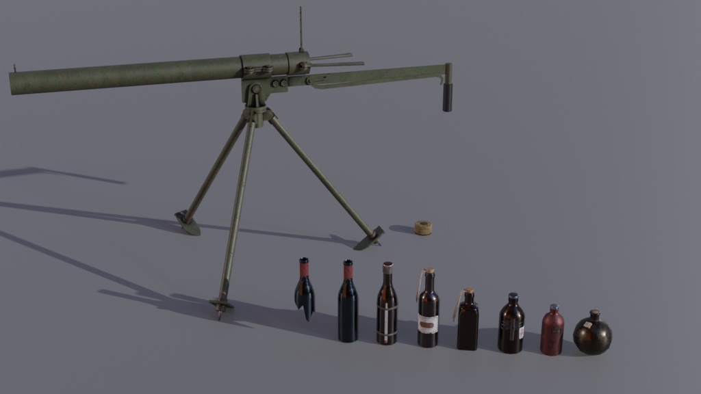 瓶武器セット（火炎瓶、焼夷手榴弾、毒ガス弾、瓶、発射筒）3Dモデル