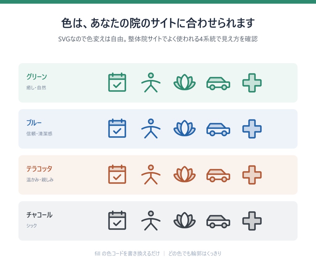 整体・治療院のためのアイコン素材 37種×4スタイル(SVG・商用可・色変え自由)